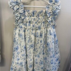 Floral Ruffle Dress in Blue and White